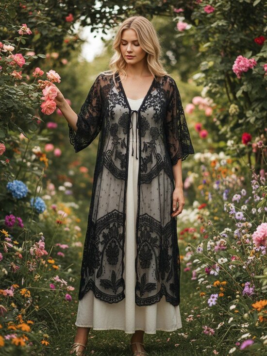 The Unbranded Brand Other - Black Lace Duster Kimono Robe One Size Sheer Gothic Boho Resort Cover Up EUC